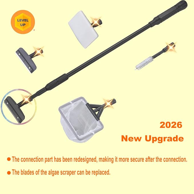 Carefree Fish 4IN1 Aquarium Cleaning Tools Long Handle Adjustable Length 18~24Inch Fish Tank Cleaner Kit Algae Scraper Scrubber Brushes Set