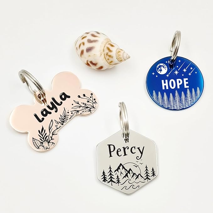 Personalized Pet ID Tags, Customizable Hexagon, Bone and Round Shapes, Multiple Designs with Mountain, Floral, and Night Sky Patterns, Stainless Steel Dog and Cat Tags (Hexagon)
