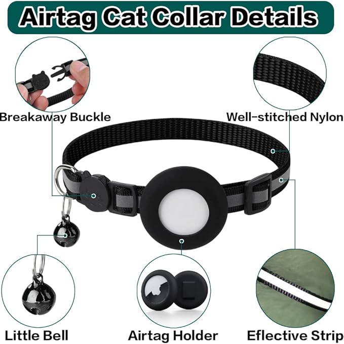 Airtag Cat Collar Breakaway, Reflective Kitten Collar with Apple Air Tag Holder and Bell for Girl Boy Cats, 0.4 Inches in Width and Lightweight(Yellow)