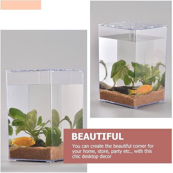 Small Acrylic Fish Tank 7.5 Inch Mini Desktop Aquarium Fish Box for Betta Home Office Decor