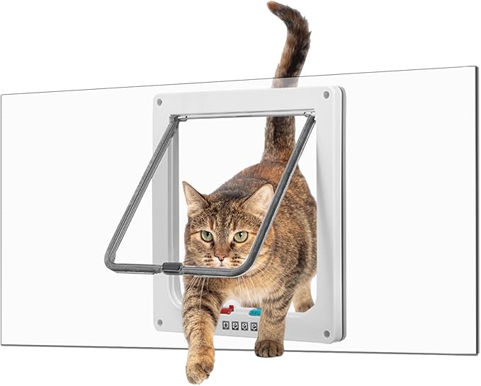 Cat Door for Window, Fits 18"-28" Width Window, Cat Window Door with 4 Locking Modes, Pet Friendly Window Cat Door Insert, Magnetic Closure, Weatherproof, Easy Installation, Clear Plexiglass