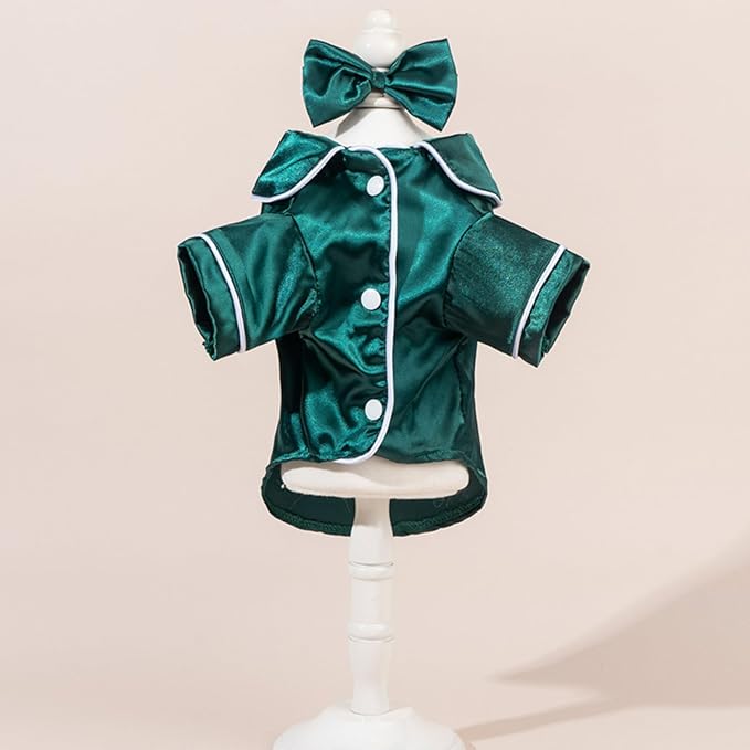 Cat Puppy Costume Elegant Satin Pajamas with Bow Headband 2PCs Set Pet Sleepwear Cute Pet Outfit Cosplay Partywear Photoshoots (Green Set,Large)