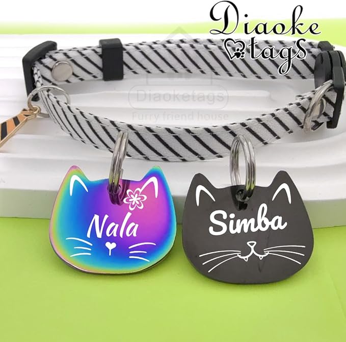 Stainless Steel Cat ID Tag Personalized Pet Tags with up to 4 Lines of Custom Text, Small Pet Mini Dog Cat Tag Lightweight, Engraved on Both Sides, Multiple Patterns Colors Size Options (cat)