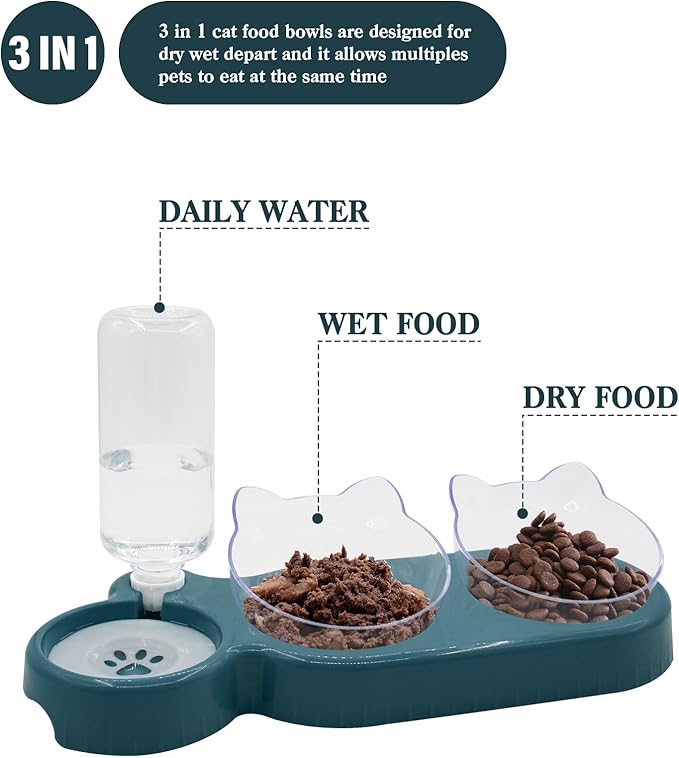 Triple Dog Cat Bowls, 15 Tilt 3-in-1 Water Feeder Bowls with Automatic Water Bottle Bowl, Removable Cat Wet and Dry Food Bowl Set for Small Cat and Puppy (Navy Blue)