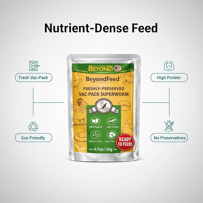 BeyondFeed™ Freshly Preserved Vac-Pack Feeder Insects – Ready-to-Feed Protein Treats for Reptiles, Birds, Fish & Aquatic Turtles (Fresh Superworm)
