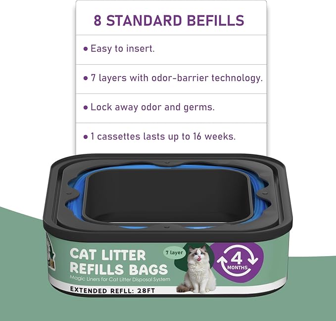 Cat Litter Refill Bags Cartridge 28FT, Compatible with Litter Cat Genie Standard, Plus, XL, XL+ Pail Refills, 7-Layer Odor Control Pet Waste Bags 8 Pack