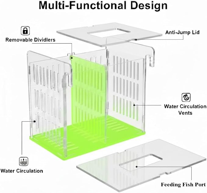 Acrylic Breeding Box for Fish Tank, Aquarium Hatchery Incubator with Long Handle Net, Breeder Isolation Acclimation Box for More Baby Fish & Shrimp (Green, 9x5.3x6.7 in)