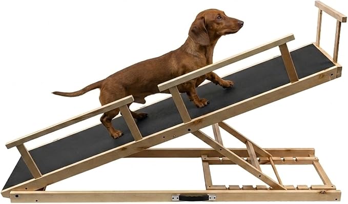 7 Adjustable Dog Ramp for Bed, Couch - 63" Foldable Birchwood Dog Ramp with Safety Rails, Non-Slip EVA Surface & DIY Glow in The Dark Strips, Wooden Pet Ramp for Large Dogs Supports 250Lbs