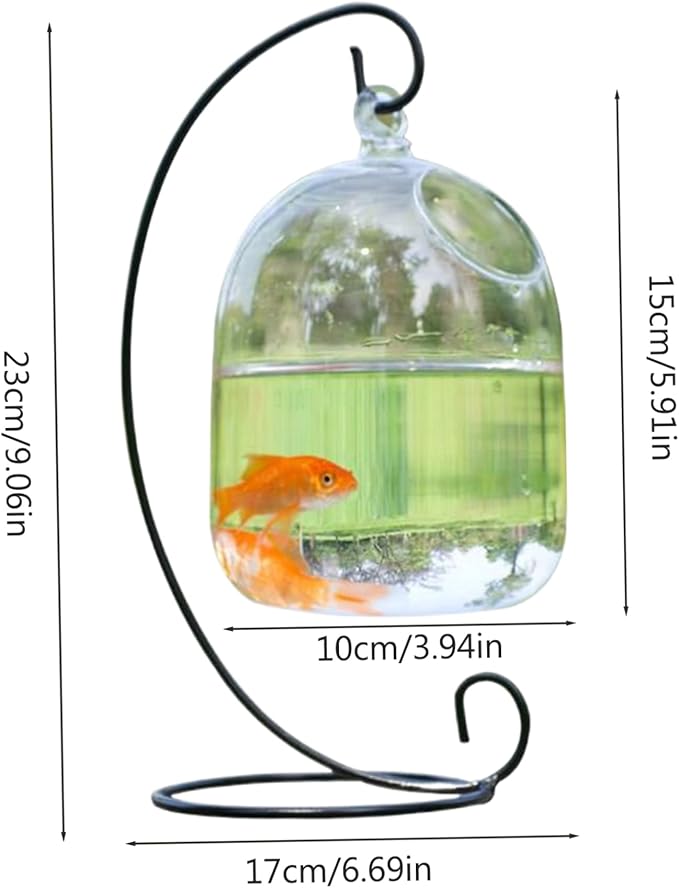 Hanging Fish Bowl with Stand, Transparent Mini Fish Tank Bowl, Space-Saving Impermeable Construction Glass Vase Aquarium for Home, Office Accessory