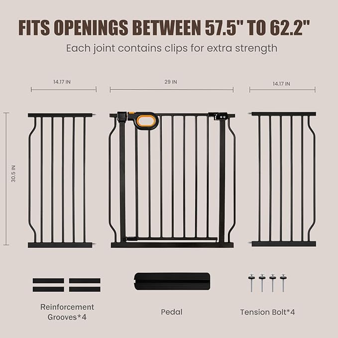 Extra Wide Baby Gate with Door Pressure Mounted 57.5-62.2 Inch,Child Dog Baby Safety Gates for Doorways,Walk Through Dog Gate Indoor for The House Kitchen Stairs No Drilling,Black