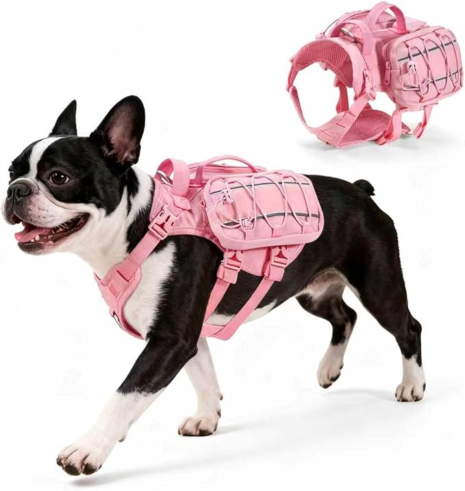 Medium Dog Harness Backpack, No Pull Adjustable Dog Vest with Handle & Leash Ring, Lightweight Dog Backpack with Side Pockets for Walking, Training & Day Hikes, Pink, M