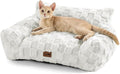 Made4Pets Cat Beds for Indoor Cats, Cat Couch Bed, Soft Faux Fur Checkered Pet Sofa, Calming Fluffy Kitten Sofa with Supportive Foam, Removable Washable Cover with Non-Slip Base, White, Small