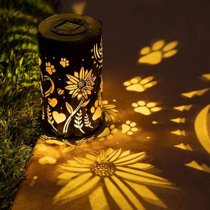 iHeartDogs Pet Memorial Gifts - Artisan Shadow Solar Lantern 'Sunflowers & Paws' - This Pet Loss Gift Feeds 7 Shelter Pets in Honor of Your Departed Pet