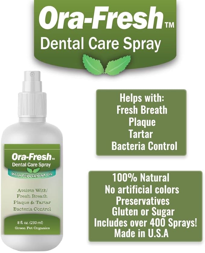 Green Pet Organics OraFresh Dental Spray with Peppermint Oil - Naturally Fights Tartar, Plaque & Freshens Breath Instantly, Improves Oral Health, 8 oz