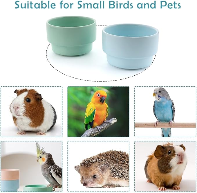 2 Pack Detachable Hanging Ceramic Bird Bowl Food Cup Convenient Hanging Water Feeder for Cage Small Canary Finch Parakeet Budgie Cockatiel Lovebird (Blue and Green)