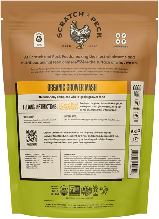 Scratch and Peck Whole Grain Grower Mash Chicken and Duck Feed - 10 lbs Bag - Corn-Free and Soy-Free - 17% Protein, Certified Organic and Non-GMO Project Verified Chicken Food (Pack of 2)