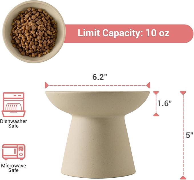 Extra Wide Elevated Ceramic Cat Bowl, 6.2" Shallow Dish for Whisker Fatigue Relief, 5" Height for Easy Feeding, Durable Raised Cat Food Bowls, Pack of 2, Pottery Clay (Not Glazed)