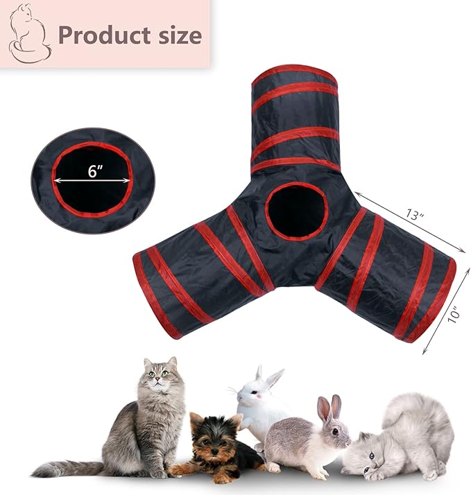 3 Way Cat Tunnel Collapsible Fun Pet Play Tube Toys for Cats, Kittens, Puppies & Rabbits - Portable Tunnel with Hanging Ball for Indoor Play, Hideout & Exercise