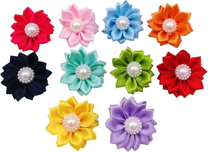 PET SHOW 10pairs Flower Small Dogs Hair Bows with French Barrette Hair Clips Cat Puppy Party Birthday Grooming Hair Accessories 10 Colors