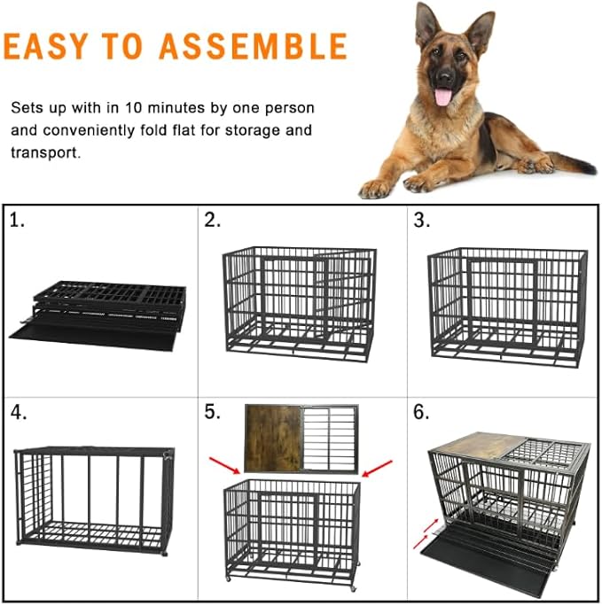 38" Furniture Dog Crate for Large Dogs, Heavy Duty Dog Kennel Indoor with Removable Crate Trays, Wheels and Stylish Wooden Top, Extra Large XL XXL Dog Cage, Woodtoop