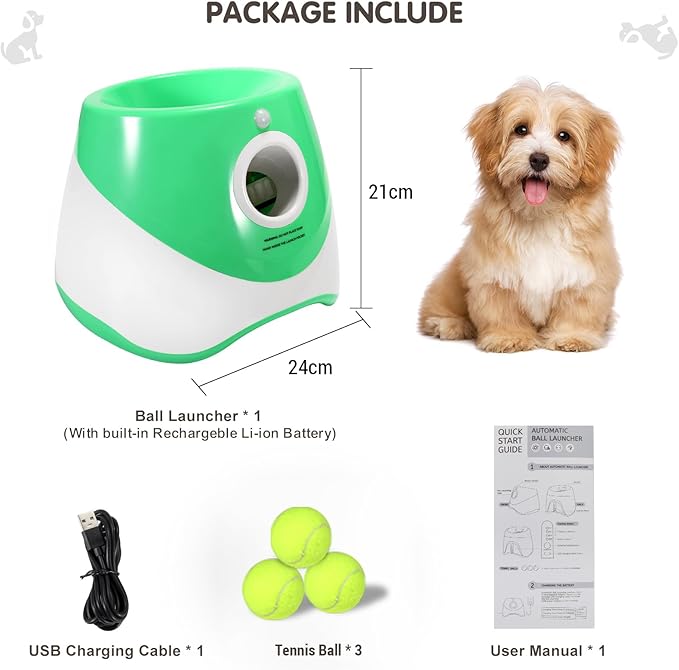 Automatic Dog Ball Launcher, Rechargeable Electric Pet Ball Thrower with One - Button Control, 3 Distance Settings & Soft Tennis Balls - Promotes Exercise Indoors & Outdoor (Fluorescent Green)