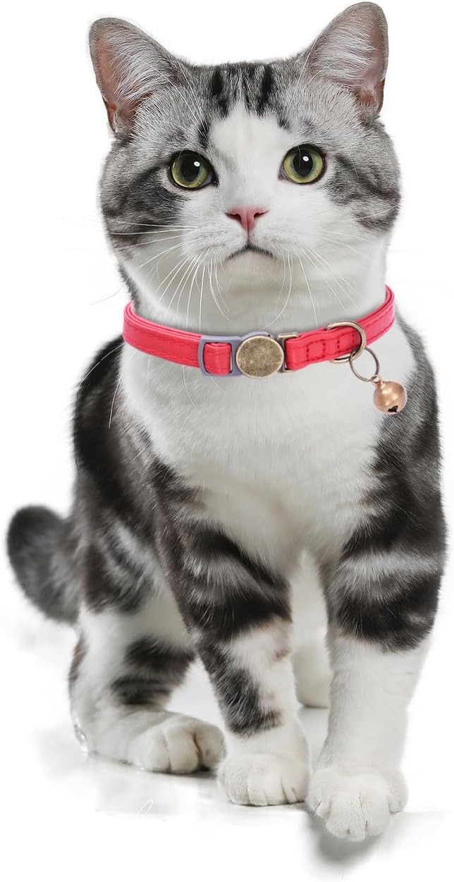 THAIN Leather Cat Collar with Bell Breakaway- Adjustable, Durable, Retro Bell fit Most Cats and Kittens (Pink)