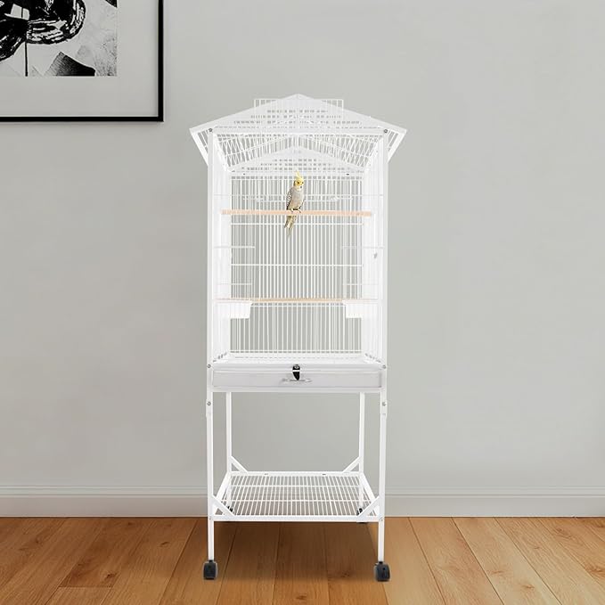 Large Modern Bird Cage 46" for Parrots,Iron Birdcage with Rolling Lockable Wheels & Storage Shelf,Open Top Design & Feeding Doors for Cockatiels Parakeets (White)