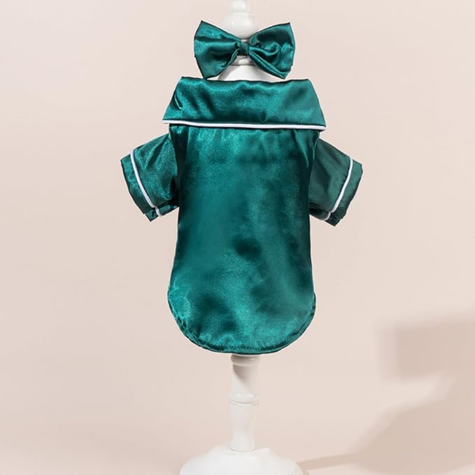 Cat Puppy Costume Elegant Satin Pajamas with Bow Headband 2PCs Set Pet Sleepwear Cute Pet Outfit Cosplay Partywear Photoshoots (Green Set,Large)