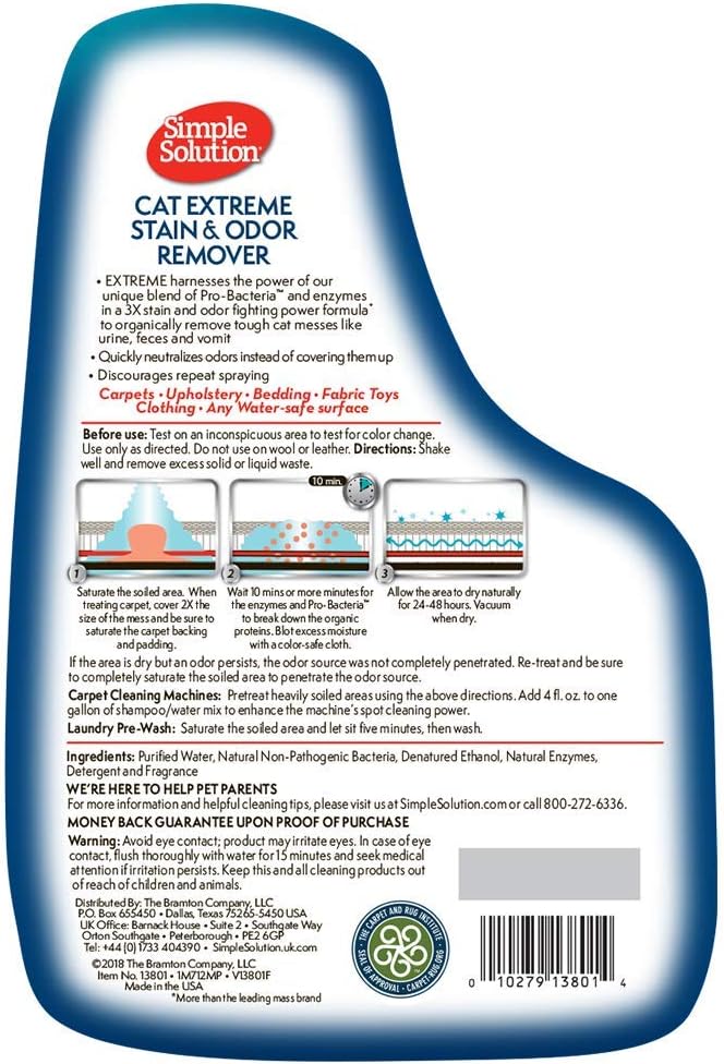 Simple Solution Cat Stain and Odor Remover | Pro-Bacteria and Enzyme Formula | Eliminate Tough Cat Stains and Odors | 1 Gallon