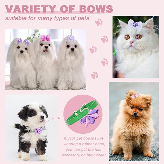 22 Pieces Cute Dog Hair Bows with Elastic Rubber Bands, Small Puppy Hair Accessories with Butterfly Flower Pearls Double Bow Elegant style for Pets Dogs Cats Hair Grooming (Purple and Pink)