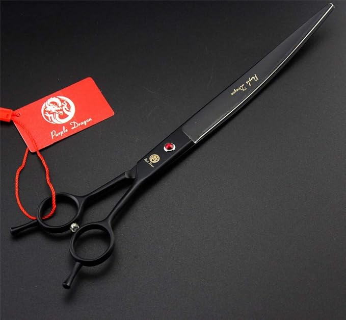 Purple Dragon 9.0" Black Twin Tails Upward Curved Blade Pet Grooming Scissors Dog Hair Cutting Shears with Bag for Professional Left Handed or Right Hand Pet Grooomer (Black Upward Curved)