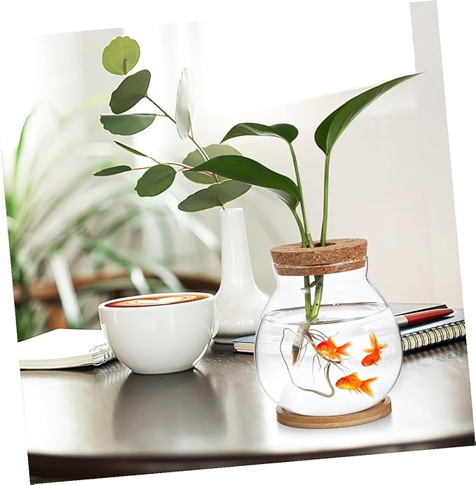 Small Hydroponic Glass Fish Tank with Lid, Mini Betta Fish Bowl 10x11cm with Mat for Desktop Aquarium Terrarium Decor
