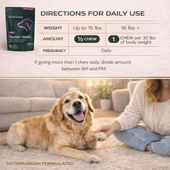 VETRISCIENCE Bladder Health Chews, Vetri Bladder Supplement for Dogs, Incontinence Support, Reduce Urine Leakage and Overactive Bladder, Soy Protein and Red Clover, Chicken, 60 Count