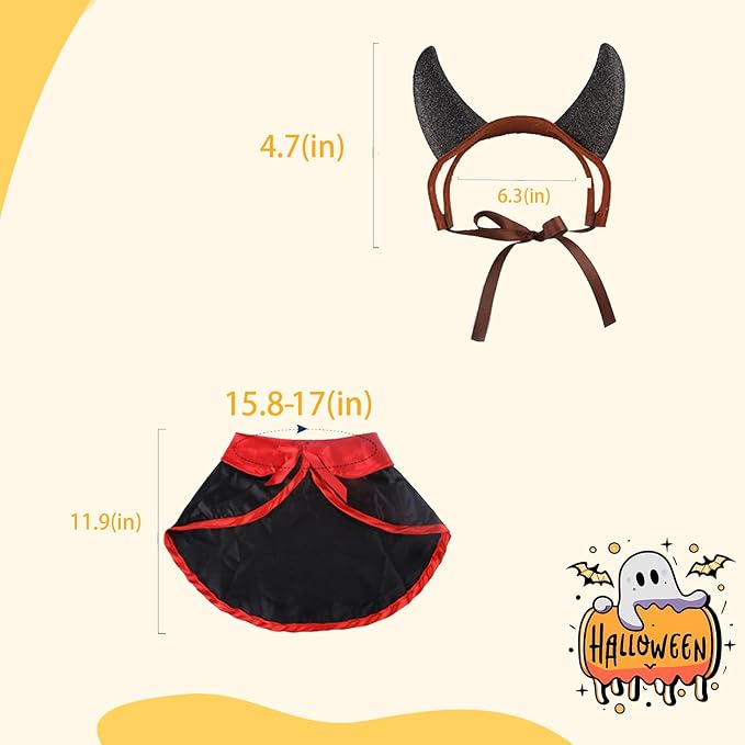 2-Pc Pet Halloween Party Costume-Puppy Party Adjustable Hats with Cool Cape Soft Costume Accessory for Small Medium Dogs and Cats