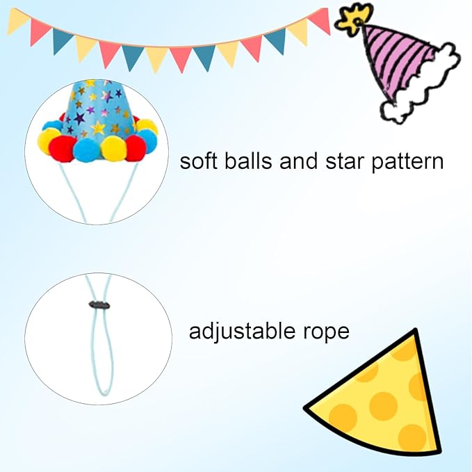 2-PC Pet Birthday Party Costume-Puppy Blue Adjustable Collar Saree with Colorful Balls and Cute Star Hat Soft Costume Accessory for Dogs Cats