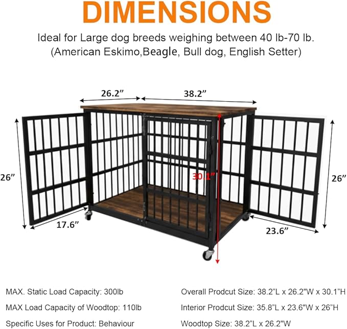 38 inch Dog Crate Furniture, Heavy Duty Dog Kennel Indoor for Large Dogs, Escape-Proof and Chew-Proof Wooden Dog Cage for high Anxiety Dog, Decorate House as TV Stand, End Table