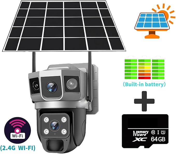 for Outdoor Camera Battery CCTV Monitor 4G SIM Card Network IP Security Pet Camera Motion Detection 3 Screen PTZ Camera(WiFi CCTV 64G Card)
