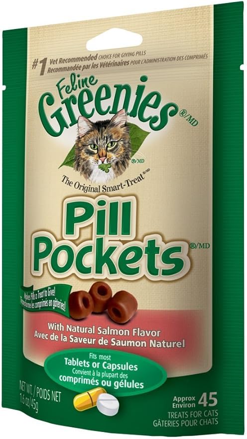Greenies Feline Pill Pockets for Cats Natural Soft Cat Treats, Salmon Flavor, 1.6 oz. Pouch (45 Treats)