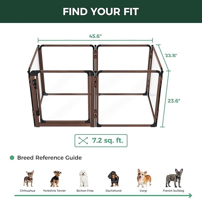 FXW AuraSpace Pro Metal & Acrylic Indoor Dog Playpen, All-Acrylic Clear Heavy-Duty Design, 24" Height 6 Panels for Puppies & Small Dogs,Walnut│Patented