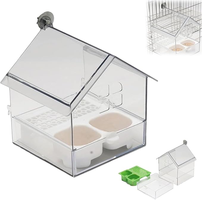 Pull-Out External Parrot Feeder, No Mess Hanging Bird Feeder for Cage, Multi-Function Transparent Bird Seed Platform Parrot Bath Tub Pet Feeding & Watering Supplies Easy to Clean (White)