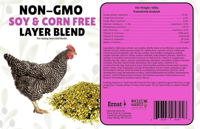 Non-GMO Soy and Corn Free Whole Grain Layer Blend 16% - Chicken Feed for Laying Hens and Ducks - Includes Essential Oils, Herbs, Oyster Shells, Vital Minerals, and Omega 3, 10 lb