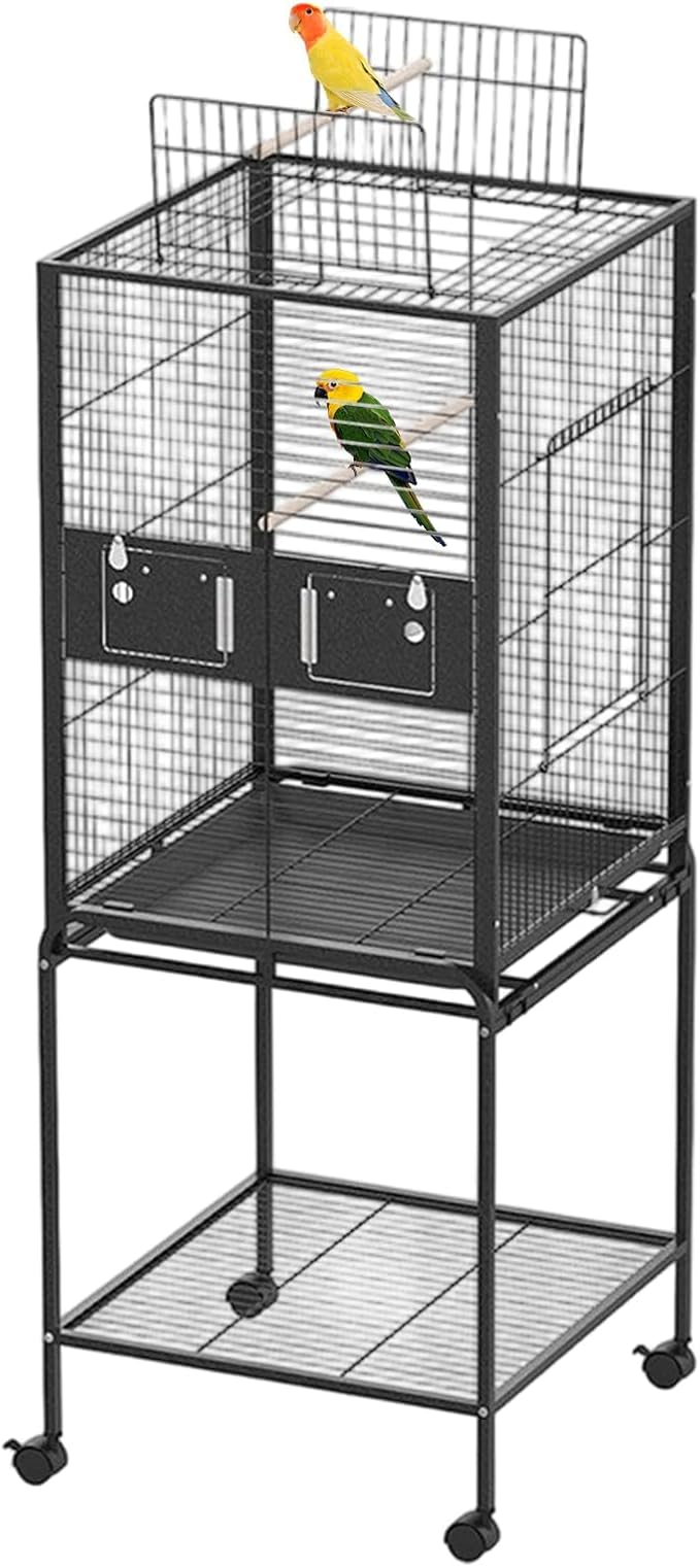 63 Inch Bird Flight Cage, Standing Wrought Iron Bird Cage with Rolling Stand, Wheels, Perches and Bird Feeder, Large Parrot Cage for Cockatiels, African Grey, Parakeets, Conures, Budgies, Lovebirds