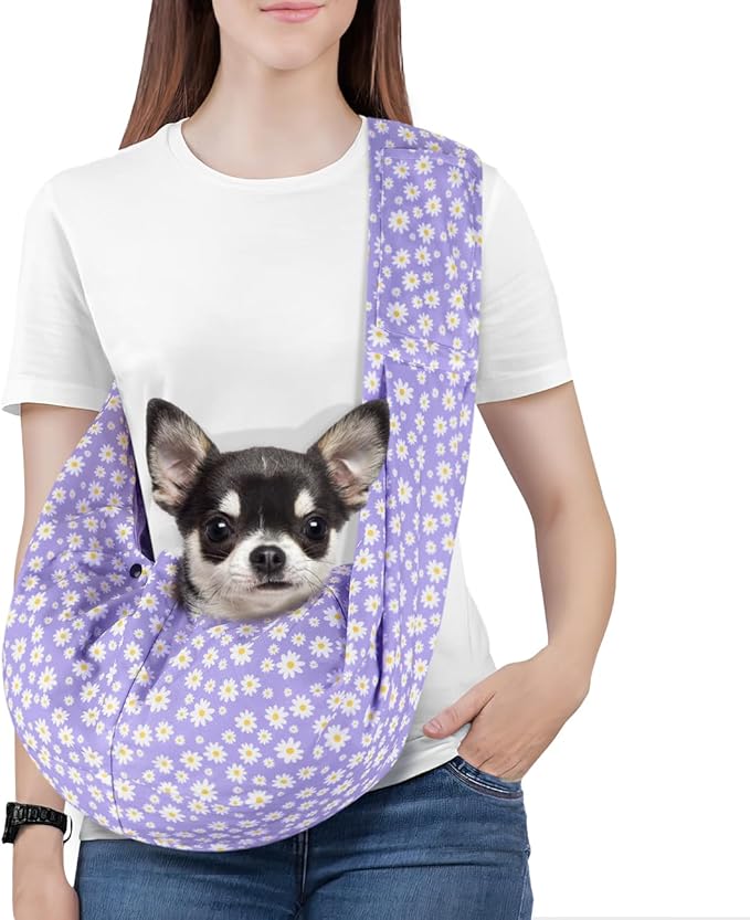 Pawaboo Small Dog Sling Carrier, Reversible Hands Free Dog Sling Carriers for Small Dogs and Cats, Puppy Slings Carrier with Safety Harness, Puppy Essentials, Purple Daisy
