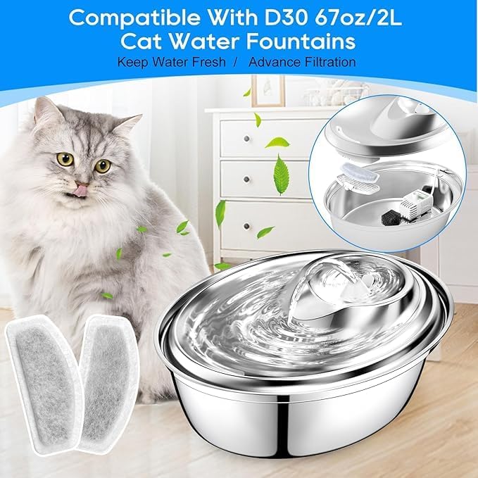 Cat Water Fountain Filters Replacement Compatible with ORSDA D30 67oz/2L Pet Water Fountains, 8 Pack Cat Fountain Filter & 4 Pack Replacement Pre-Filter Sponges for D30 Automatic Cat Fountain