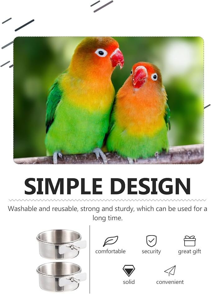 Yardwe Stainless Steel Bird Food Cup 2-Pack Small Cage Feeders with Clamp for Parrots Budgies Cockatiels Durable Bird Food Bowls for Easy Feeding