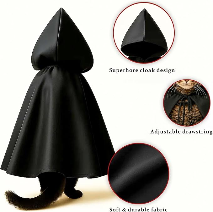 Black Bat Cat Mask and Cloak Costume for Indoor Cats, Funny Superhero Pet Outfit for Christmas, Cosplay, Parties and Photoshoots, Hooded Cape for Cats – Big Size