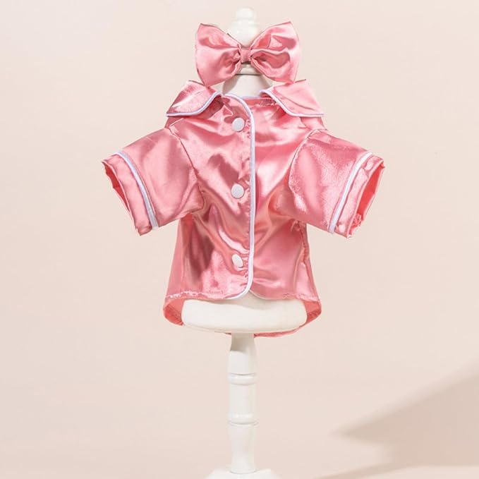 Cat Puppy Costume Elegant Satin Pajamas with Bow Headband 2PCs Set Pet Sleepwear Cute Pet Outfit Cosplay Partywear Photoshoots (Pink Set,Small)