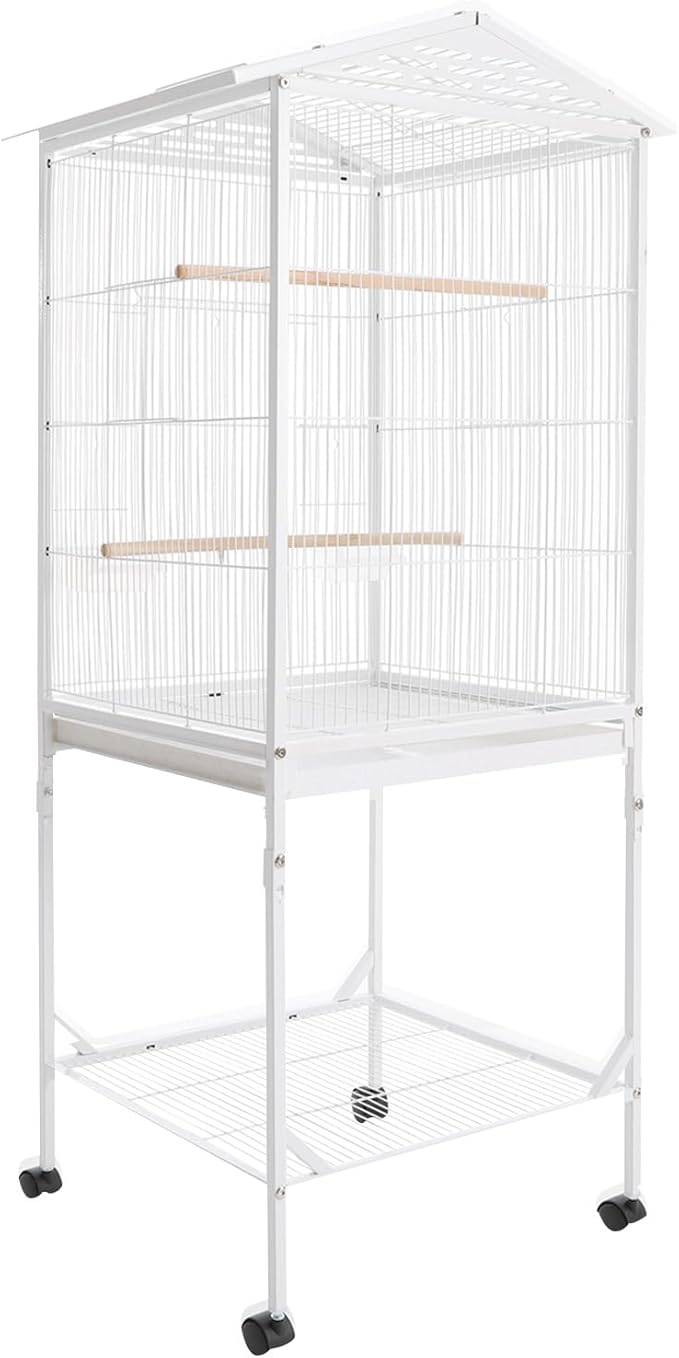 Large Bird Cage, Movable Pet Bird Flight Cages with Wheels 4 Feed Windows Slide-Out Tray, Panorama Bird Aviary 18.11x18.11x49.21in for Parrot, Parakeets, Budgerigars(White Style2)