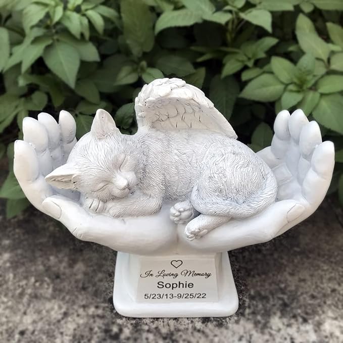 Personalized Cat Pet Grave Markers Memorial Angel Statue Stone with in God's Hands, Cat Pet Headstone Garden Stone，in Loving Memory of A Pet Lost Gift, 7 Inch(H)