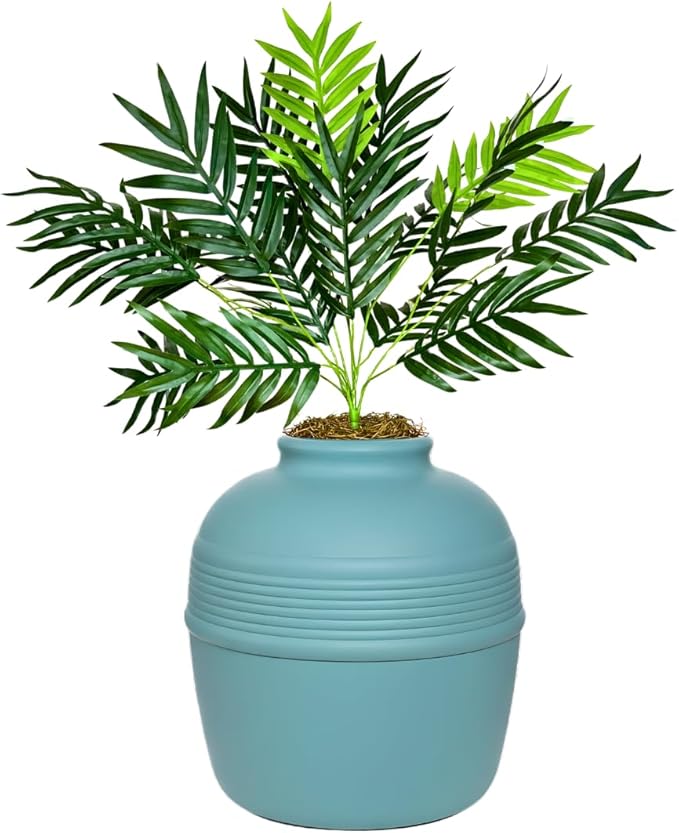 Good Pet Stuff Hidden Litter Box Planter, Decorative Cat Litter Enclosure with Carbon Filter, Artificial Plant, Easy Clean, Removable Liner, Round Style, Essentials Kit, Coastal Blue